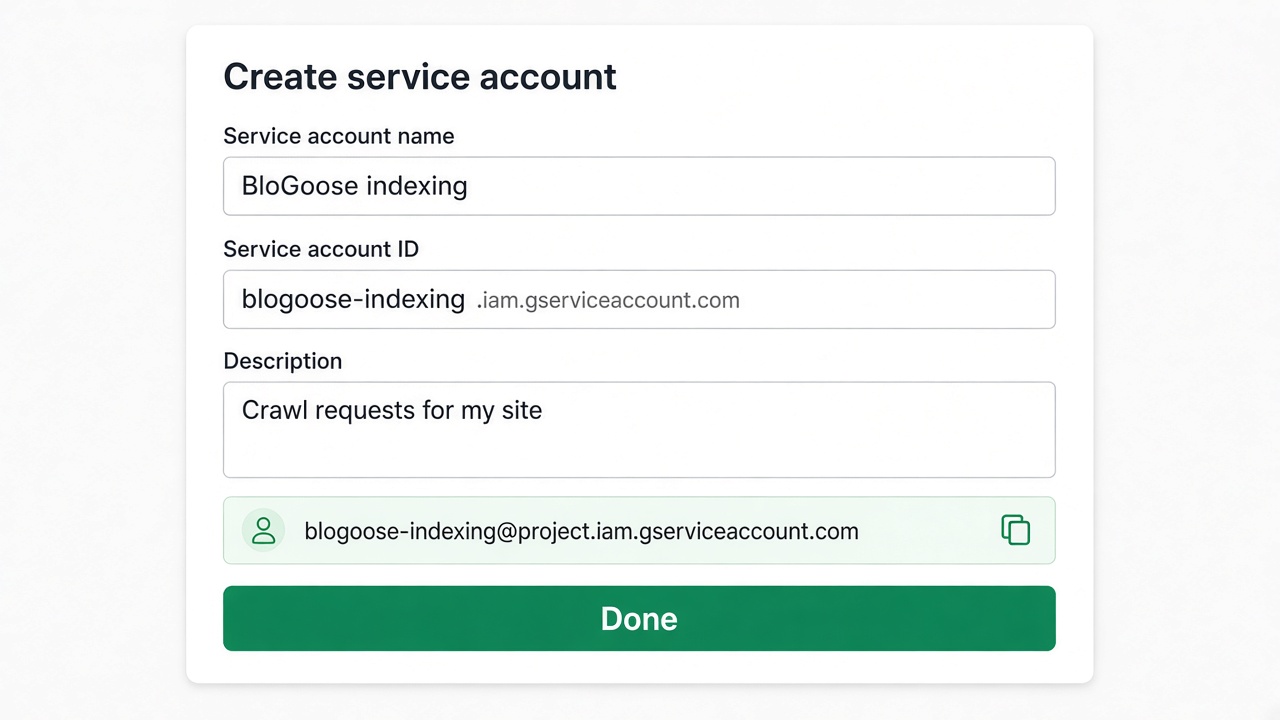 Service account form with the email address highlighted