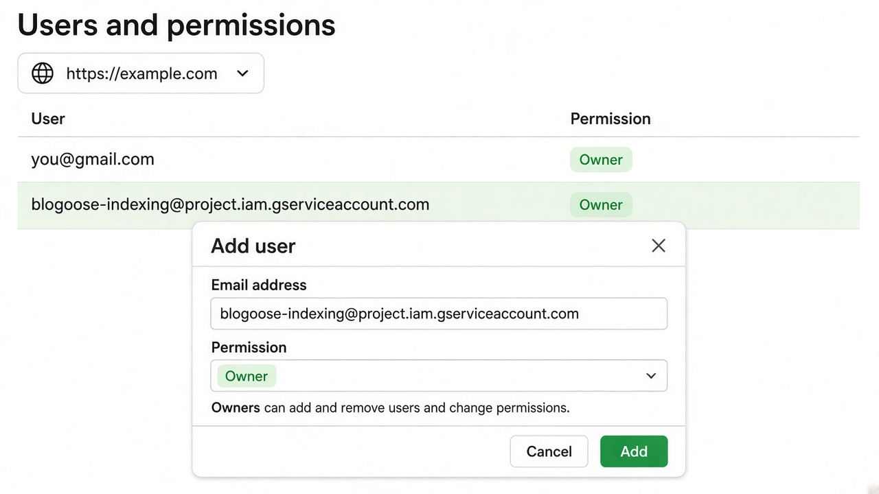 Search Console add user dialog with Owner permission