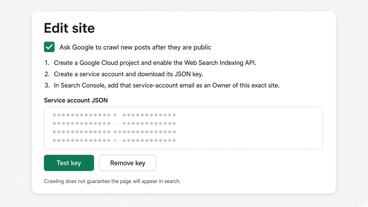 BloGoose edit site panel with crawl requests turned on