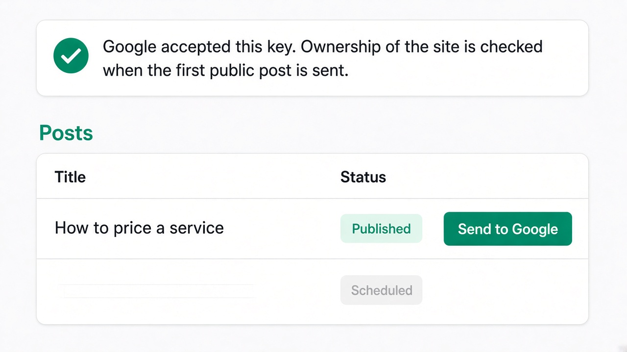 Test key success message and a Send to Google button on a published post